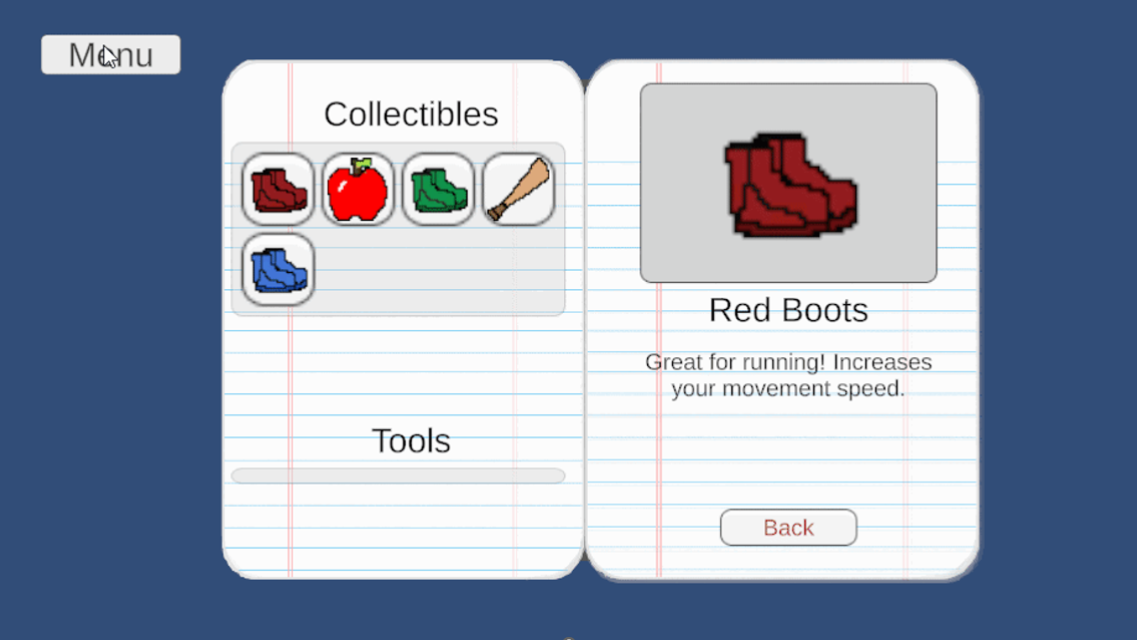 First iteration of the game's inventory system