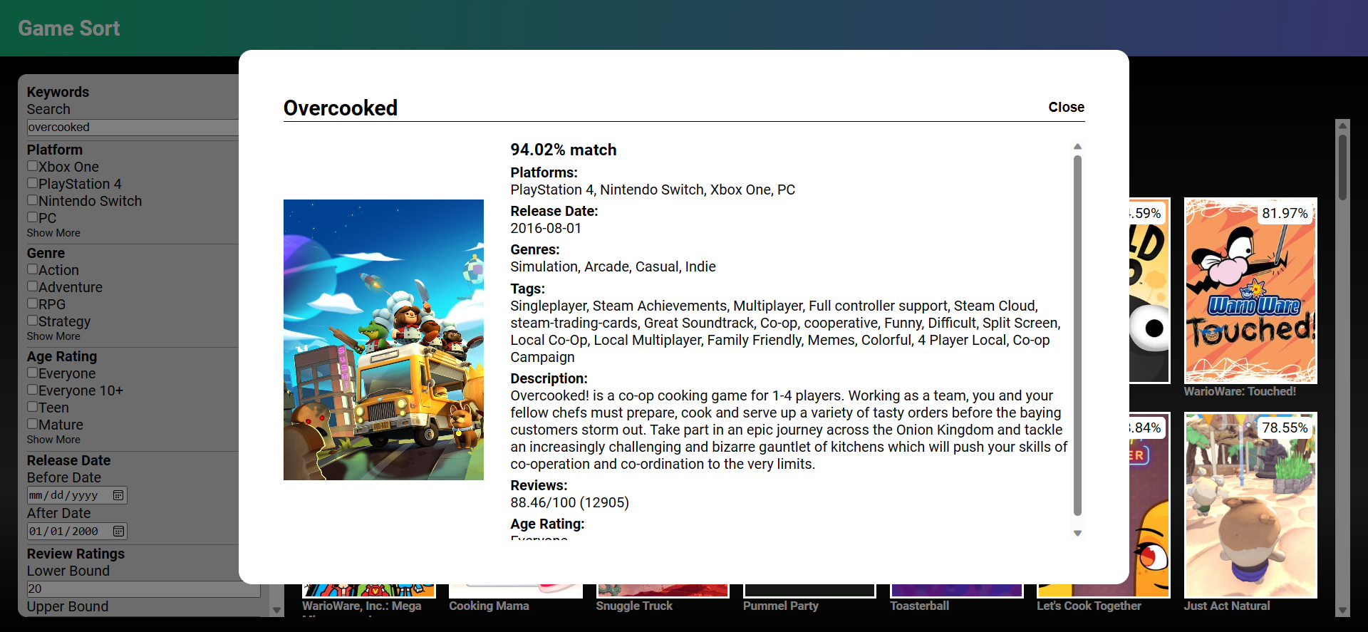 Screenshot featuring a dialog with information about a game