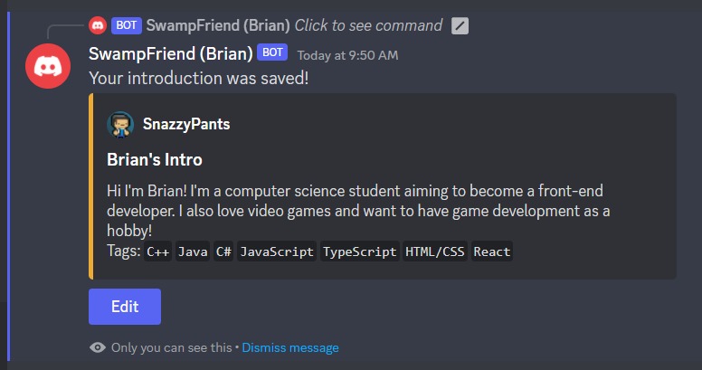 Screenshot of the SwampFriend Discord Bot displaying an intro message