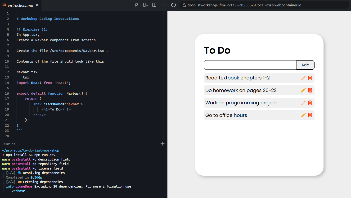 Screenshot of StackBlitz with code on the left and a rendered to-do list on the right
