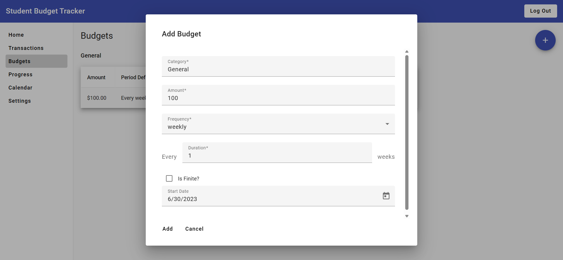 Screenshot of a form for adding a new budget.
