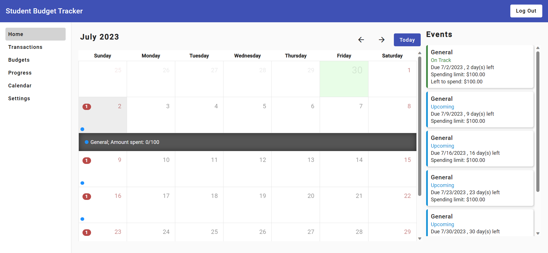 Screenshot of the dashboard featuring a calendar and budget information.