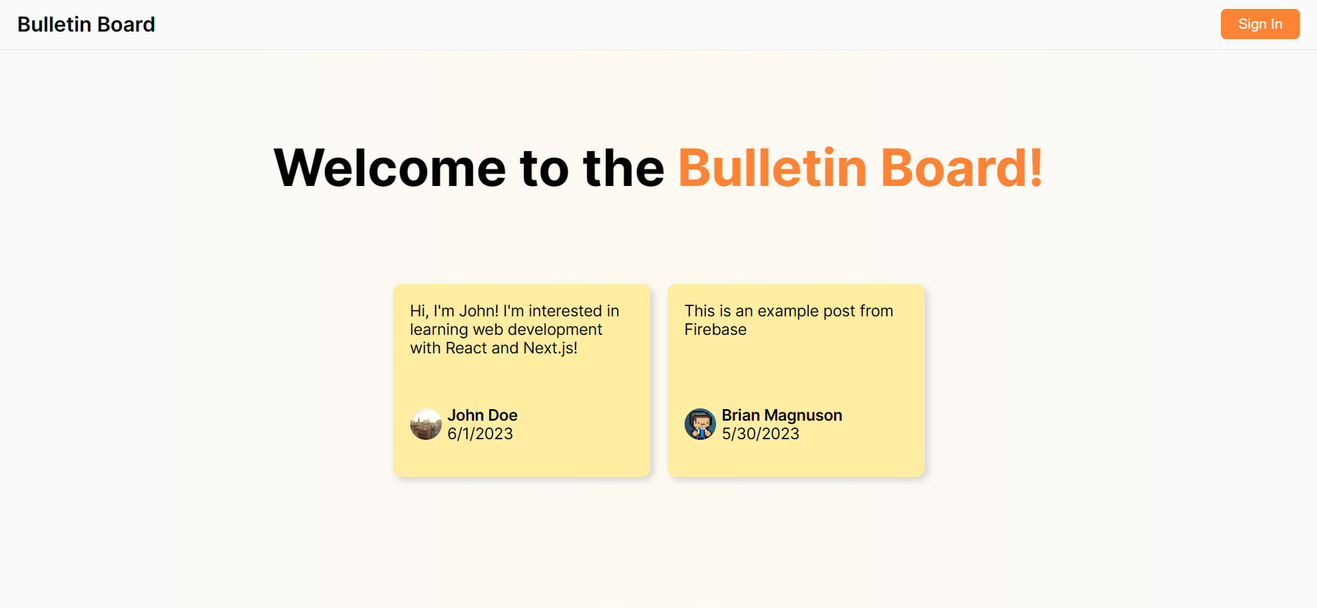 Screenshot of the home page featuring a welcome message and two posts.