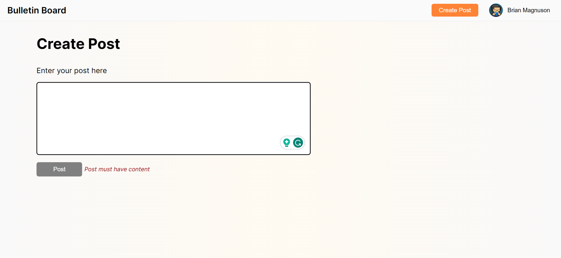 Screenshot of a small form to create a new post.