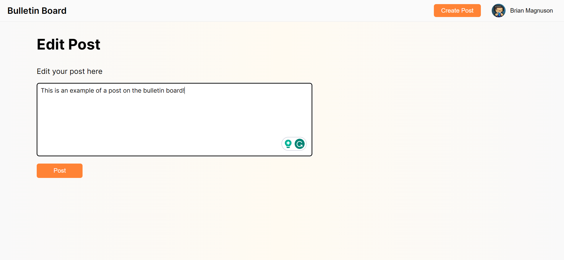 Screenshot of a small form to edit a post.