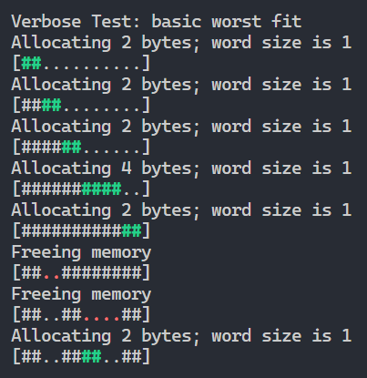 Screenshot of a memory manager test, showing diagrams memory being allocated and freed.