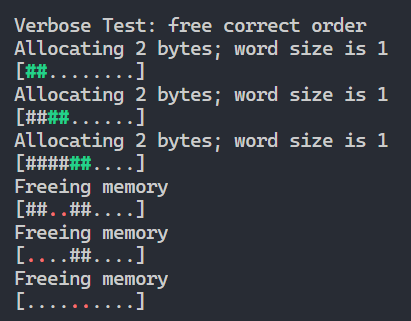 Screenshot of a memory manager test, showing diagrams memory being allocated and freed.