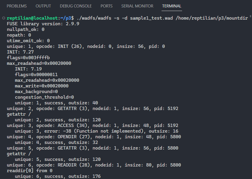 Screenshot of the file system being mounted and run in debug mode.