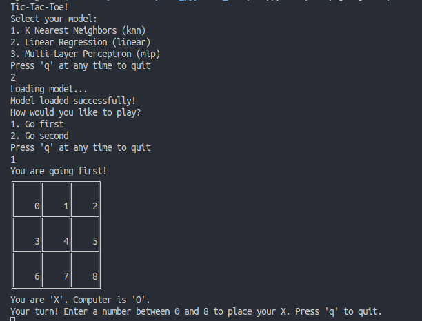 A console window showing the Tic-Tac-Toe game setup menu.