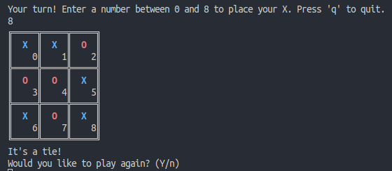 A console window showing a Tic-Tac-Toe game ending in a tie.