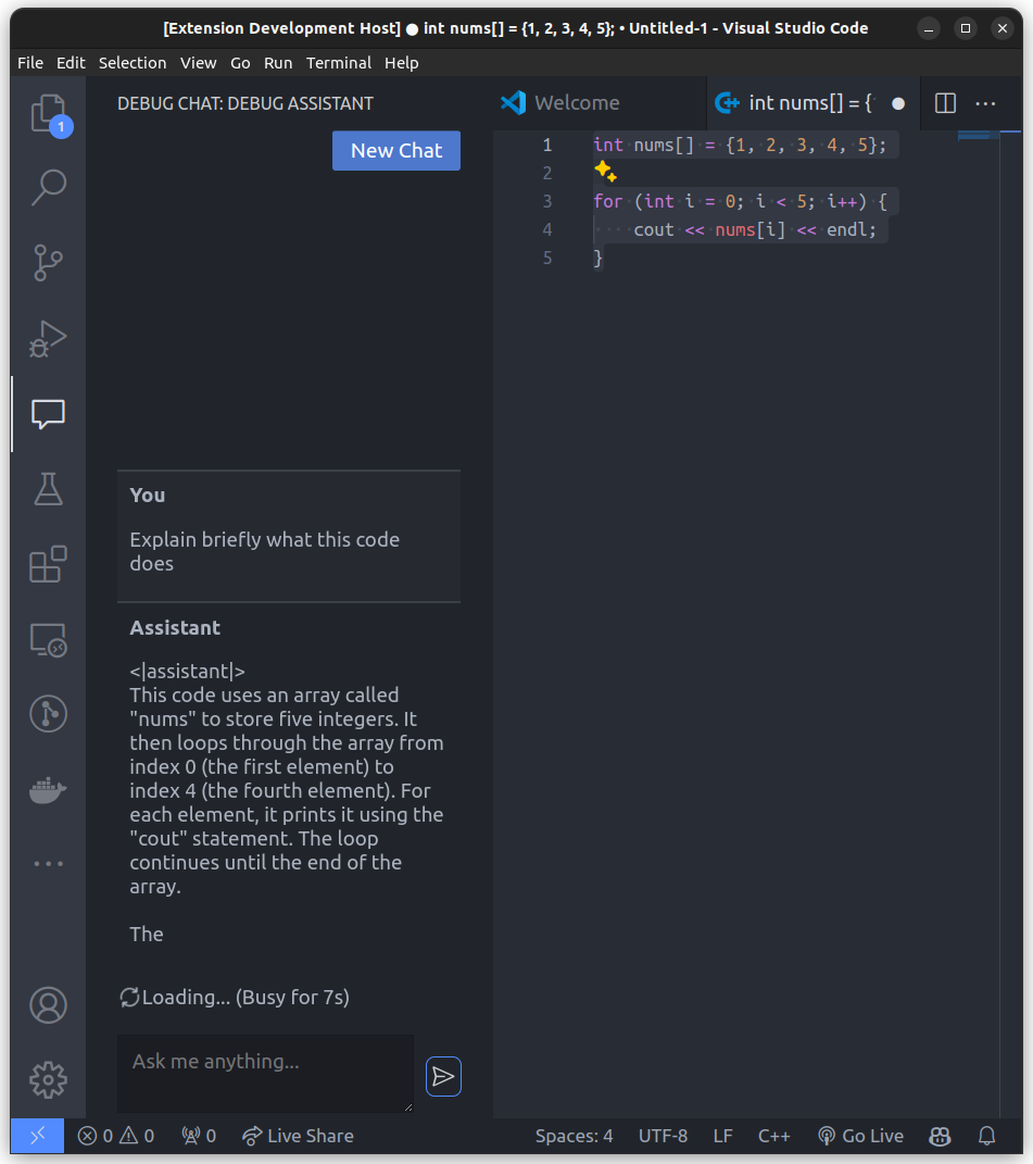 A chat window in VS Code showing the user highlighting C++ code and asking the assistant what it does.
