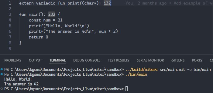 Code for a Niter "Hello, World" program and its console output.
