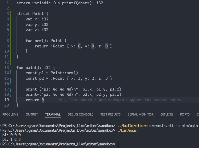 Code for a Niter program showcasing structs.