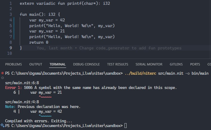 A console showing a compiler error in Niter for a duplicate symbol declaration.