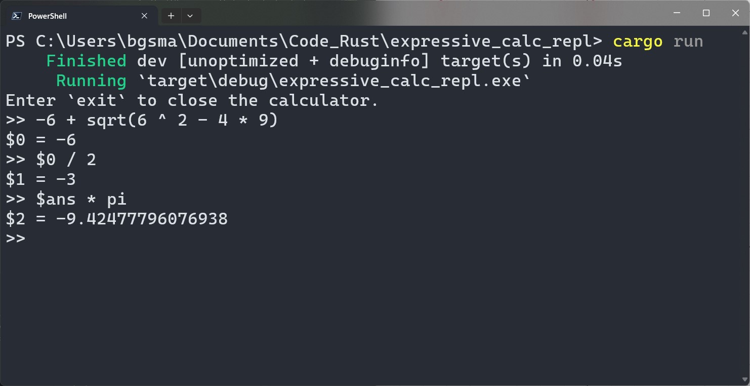 Screenshot of the REPL running in Windows with some expressions.