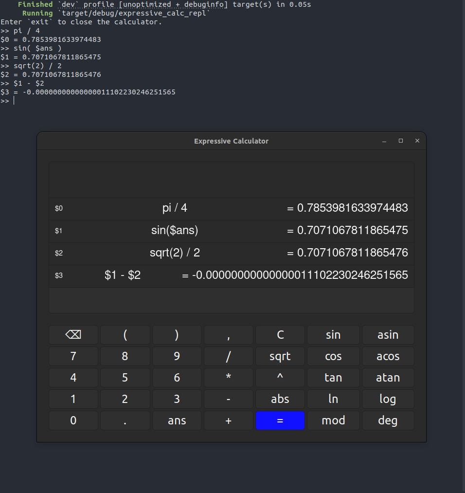 Screenshot of the calculator GUI and REPL with some expressions.