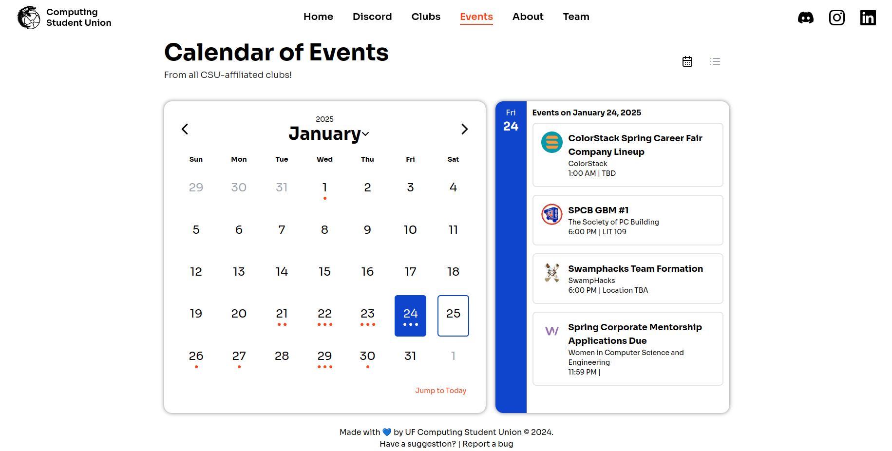 Screenshot of the UF CSU website events page with calendar.