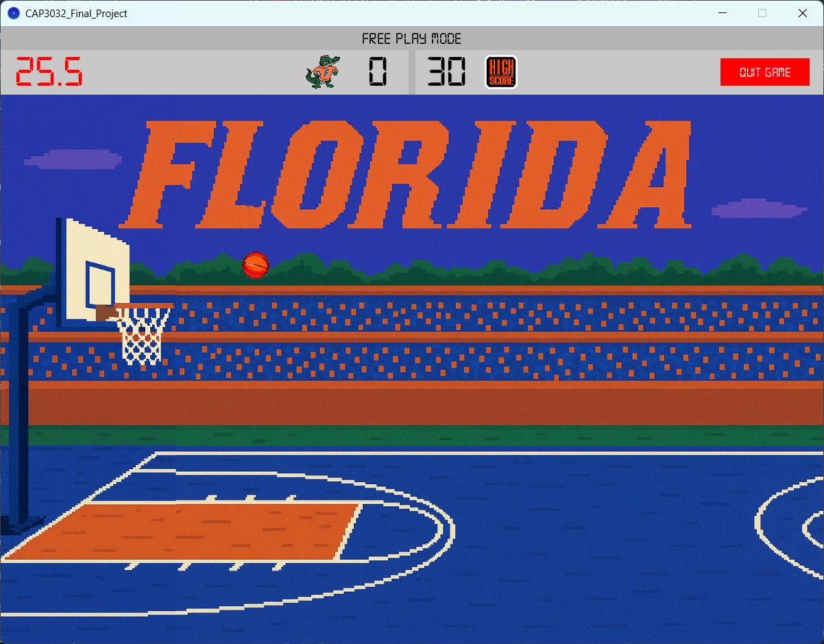 The main scene of the game showing the basketball being launched.