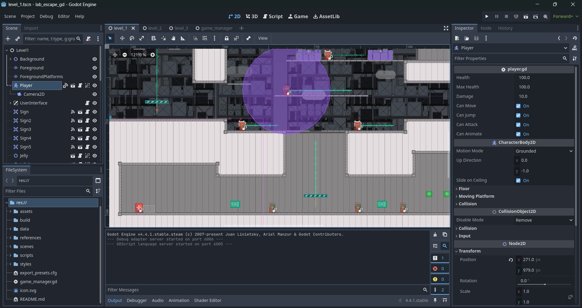 Lab Escape game in the Godot Editor.