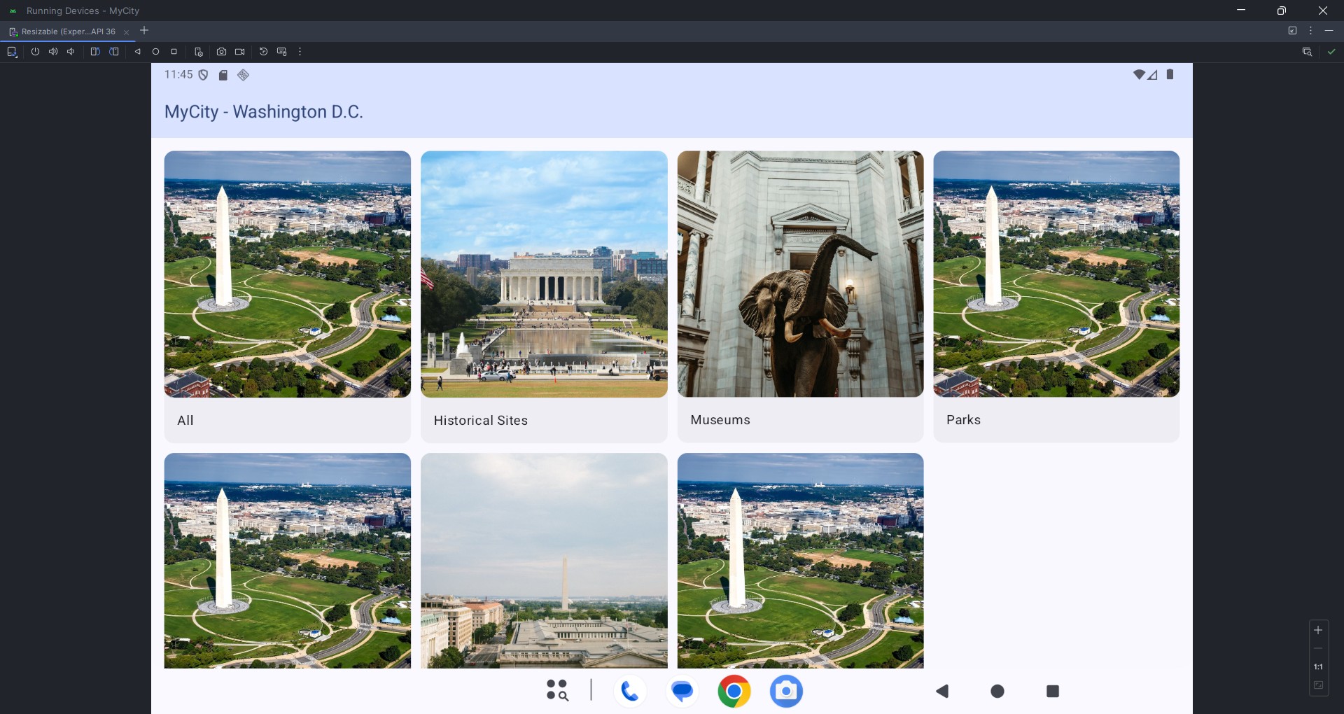 My City app tablet view showing categories with pictures.