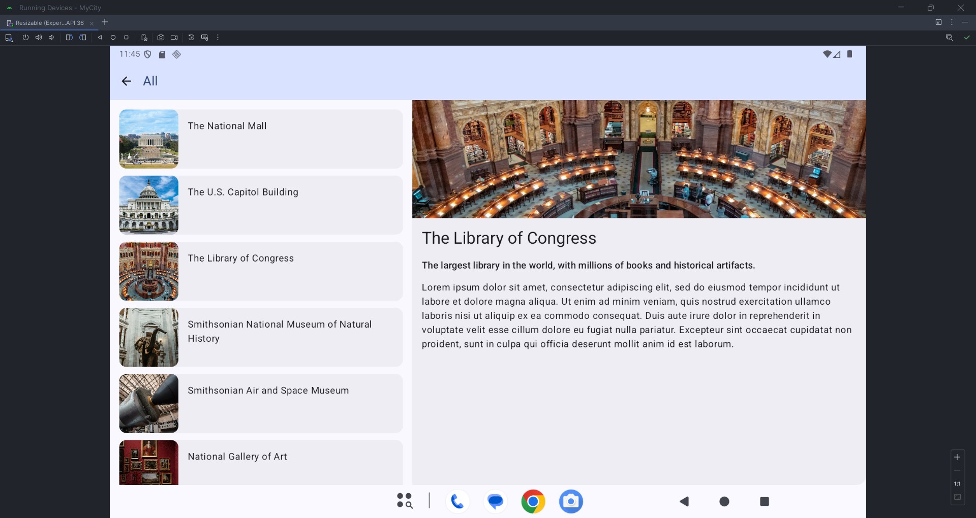 My City app tablet view list-detail view with places and details.